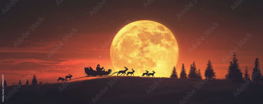 Santa Claus driving a sleigh through the night sky with reindeer, silhouetted against the moon, 4k photo. Santa Claus driving a sleigh through the night sky with reindeer, silhouetted against the moon, 4k photo.