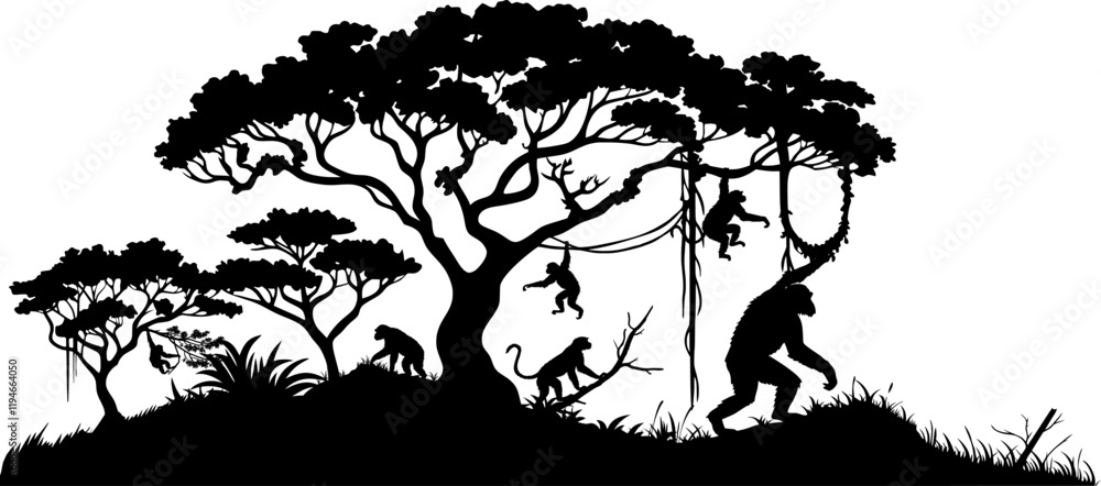 Fototapeta Vektor Silhouette Körper Tierwelt und Natur - Affen in den Bäumen - Landschaft Wald Regenwald und Dschungel - Design Element isoliert