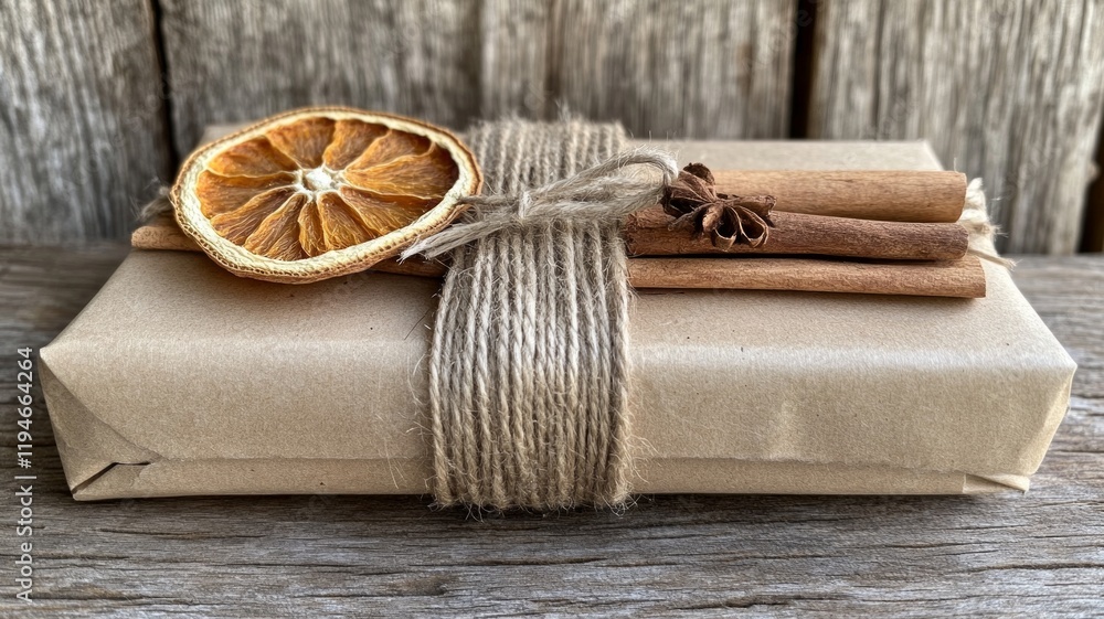 Fototapeta premium Rustic Gift Wrapped in Kraft Paper with Cinnamon and Dried Orange