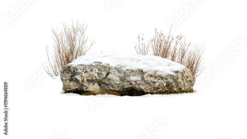 Snowy Mountain Range, Large rock covered in snow on transparent background with sparse vegetation.