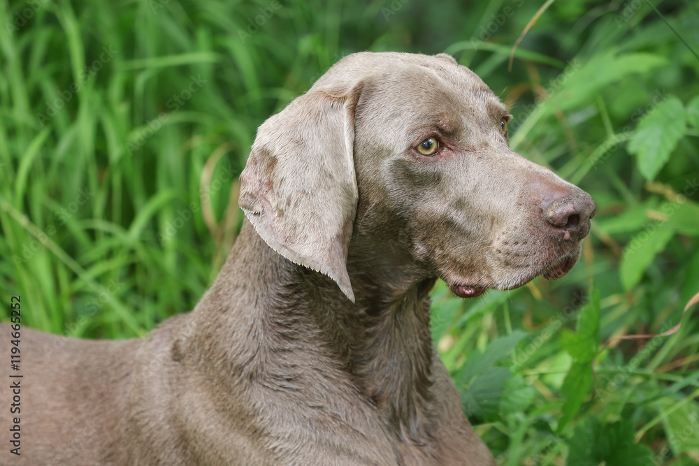 Weimaraner hunting dog is standing in the high gras in the water waiting for the command to retrieve Weimaraner hunting dog is standing in the high gras in the water waiting for the command to retrieve