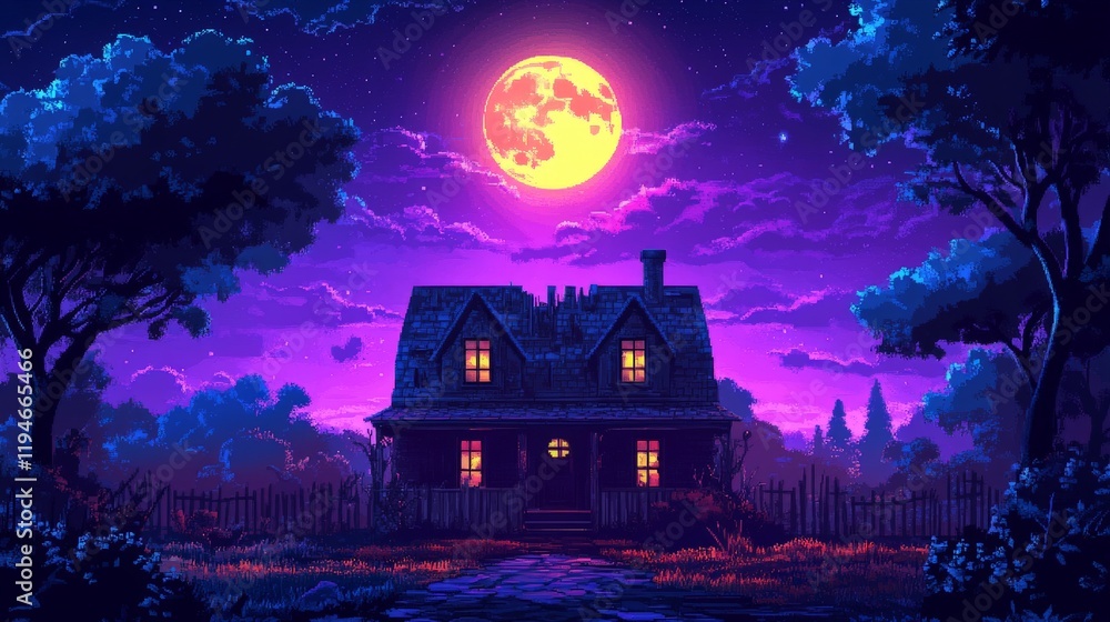 Enchanted Moonlit Night Scene with Spooky House Surrounded by Mystical Forest and Bright Stars in the Sky Enchanted Moonlit Night Scene with Spooky House Surrounded by Mystical Forest and Bright Stars in the Sky