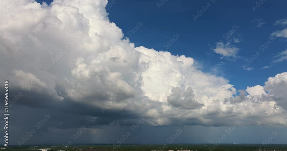 Heavy rain falling down from stormy clouds over rural Florida suburbs. Thunderstorm on dark sky. Moving and changing cloudscape weather Heavy rain falling down from stormy clouds over rural Florida suburbs. Thunderstorm on dark sky. Moving and changing cloudscape weather
