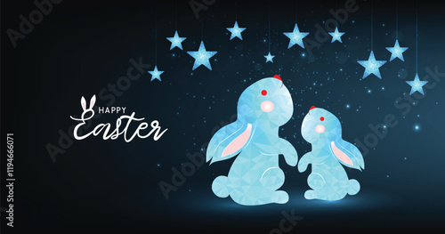 Easter day background.Trendy Easter on a blue background. Greeting card with text Happy Easter. Vector illustration.	