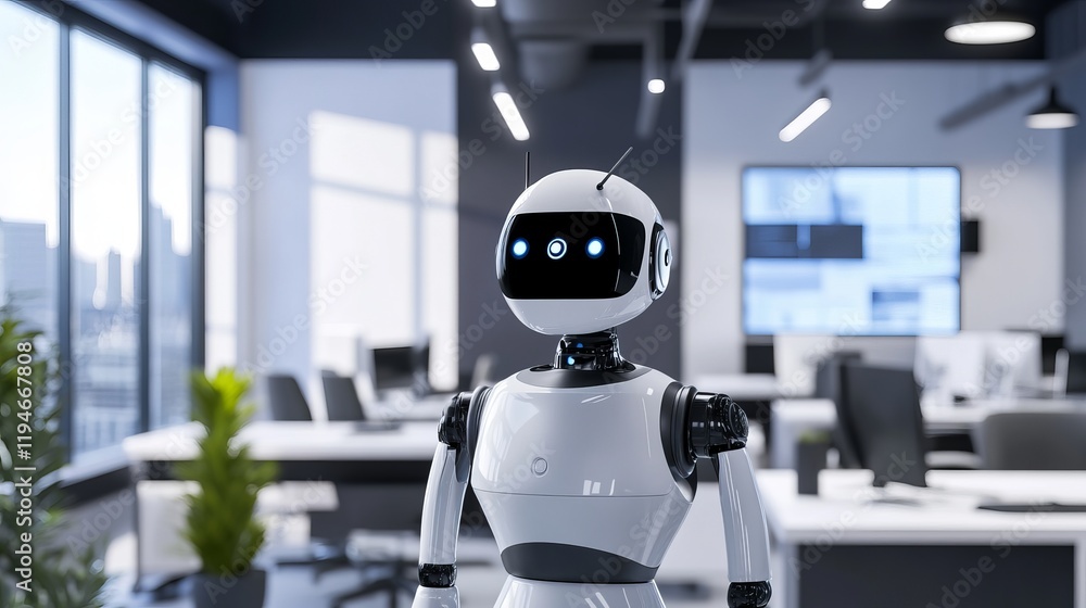 A robot engaging in advanced telepresence interactions in a modern office, with interactive screens and a professional environment, Telepresence tech style A robot engaging in advanced telepresence interactions in a modern office, with interactive screens and a professional environment, Telepresence tech style