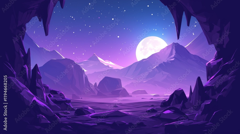 Obraz premium Cave View Reveals Majestic Mountains Under a Full Moon at Night.