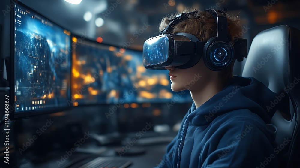 Teenager immersed in VR gaming, using headset and multiple monitors. Teenager immersed in VR gaming, using headset and multiple monitors.