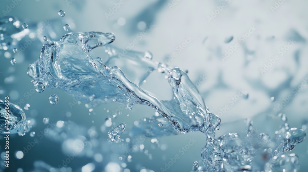 Close-up view of suspended water molecules forming an abstract structure representing fluidity and energy in a light blue backdrop with subtle gradients Close-up view of suspended water molecules forming an abstract structure representing fluidity and energy in a light blue backdrop with subtle gradients