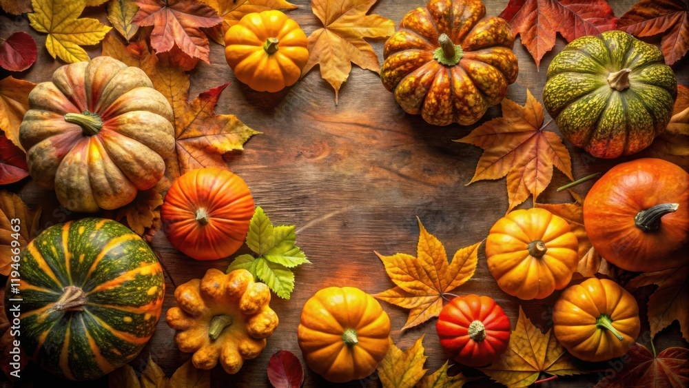 Fototapeta premium Autumn Harvest Colorful Pumpkins and Vibrant Fall Leaves on Rustic Wood
