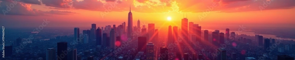 Fototapeta premium Abstract aerial view of a city at sunrise with skyscrapers and buildings silhouetted against the sky, landscape, silhouette