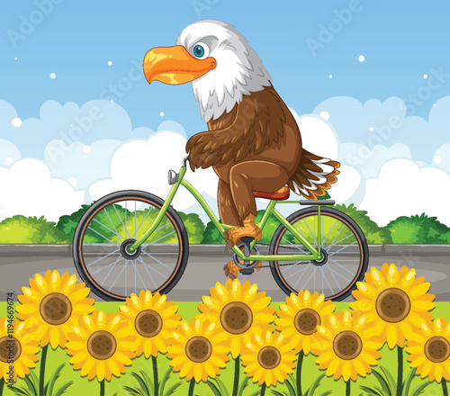 Eagle Riding a Bicycle Through Sunflowers