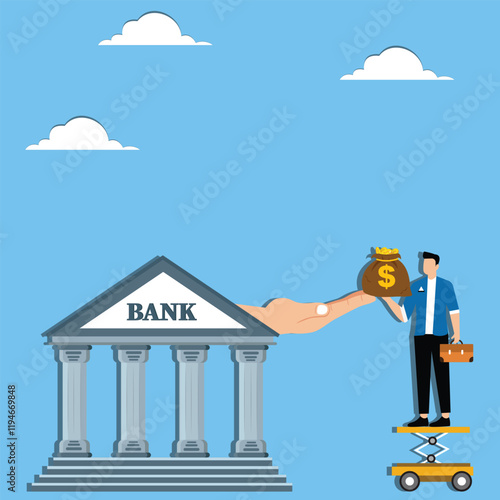 Repayment of loans, taxes or debts, bank savings business, purchase of bank investment and financial products, businessmen putting their money bags on top of the bank's outstretched hand