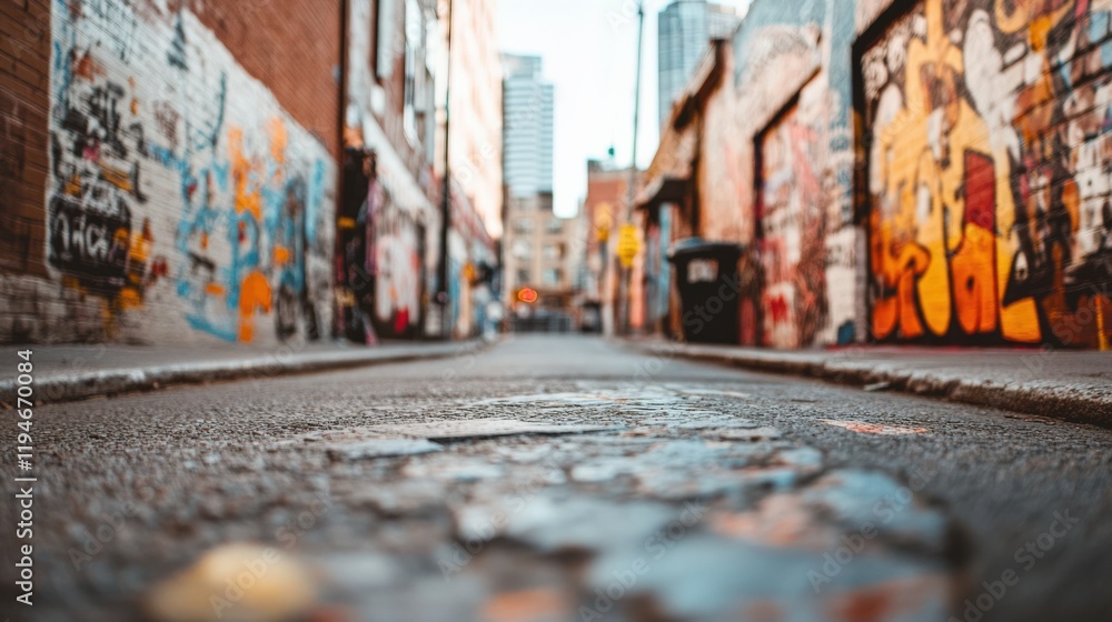 Fototapeta premium Urban Alleyway with Colorful Graffiti and Cobblestone Path, Perfect for Street Art Photography