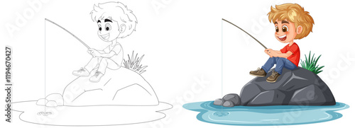 Boy Fishing on a Rock by Water