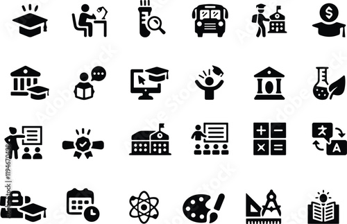 School icon set. Containing classroom, students and teacher icons. Education and knowledge symbol.