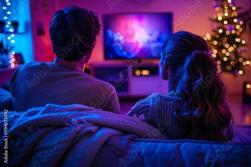 Back of heads of couple watching tv on a couch at home with glowing screen in front of them photo