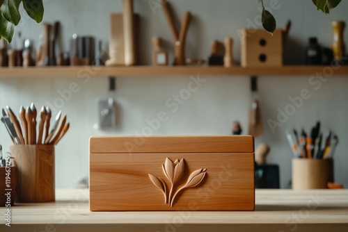 Wooden Jewelry Box With Floral Carving On Workbench In Artisan Workshop Celebrating Women's Day Artistry March 8 Concept photo