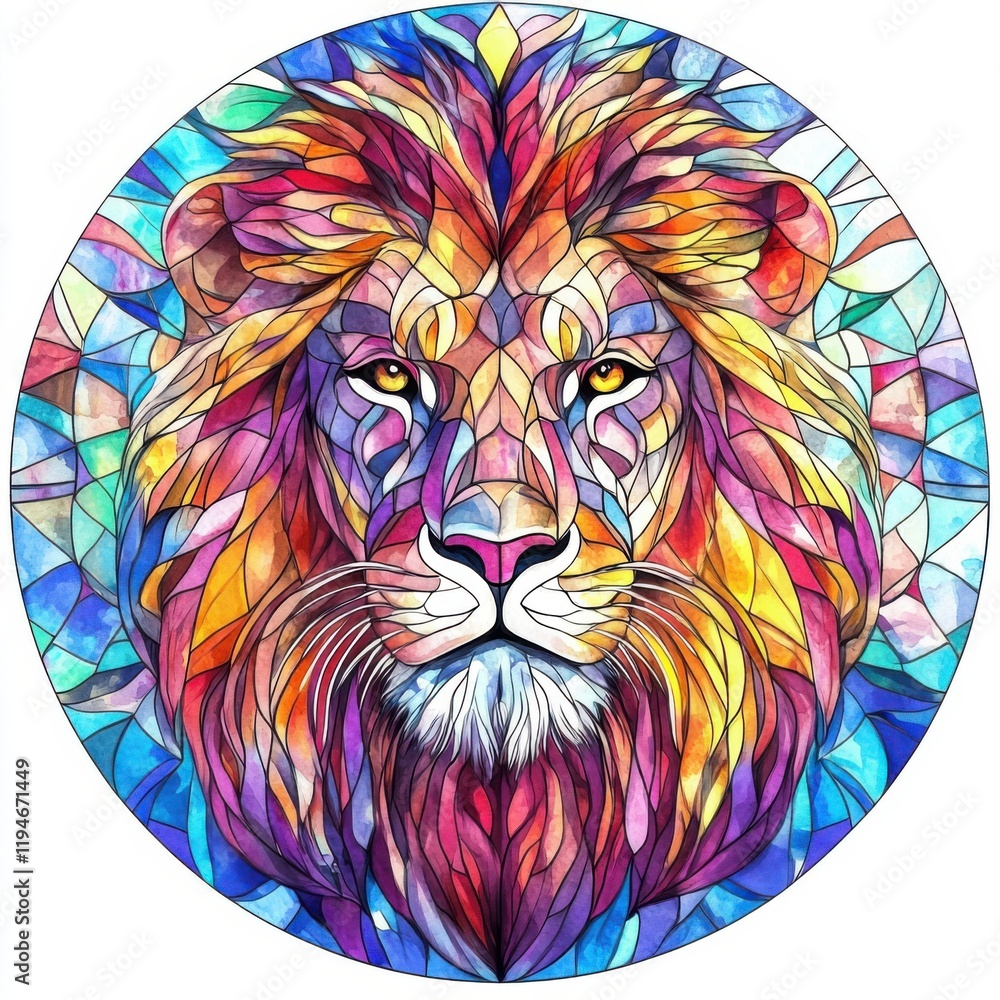 Obraz premium Majestic Lion in Stained Glass Watercolor Style Artwork Design