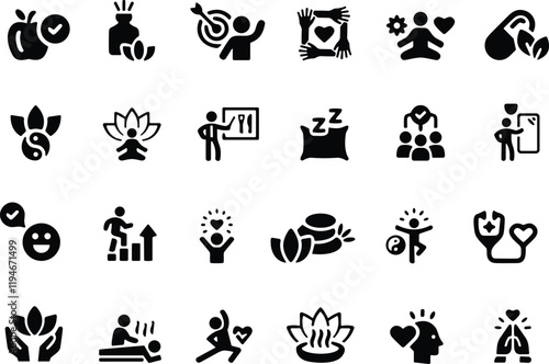 Wellness icon set. Containing massage, yoga, spa, relaxation, health, exercise, diet, wellbeing, meditation, aromatherapy