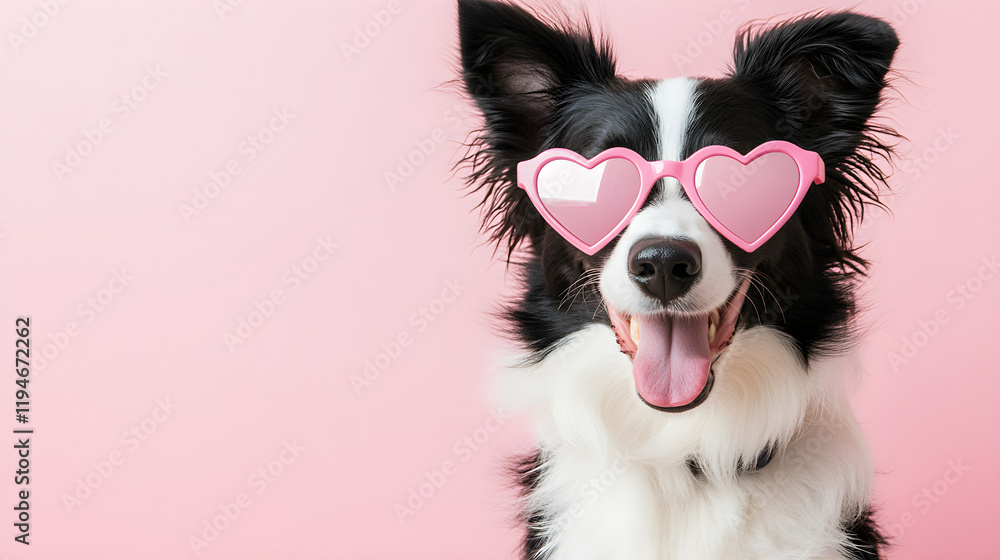 Fototapeta premium Black and white cute dog on pastel background. Border Collie puppy in pink heart shaped Valentine's day sunglasses. Greeting card banner for Women's and Mother's day, birthday, wedding with copy space