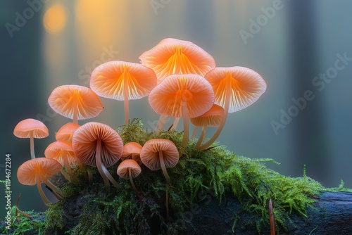 Softly glowing orange mushrooms subtly illuminate the tranquility of the surrounding forest, casting a gentle warm ambiance that reflects the harmony of woodland life. photo