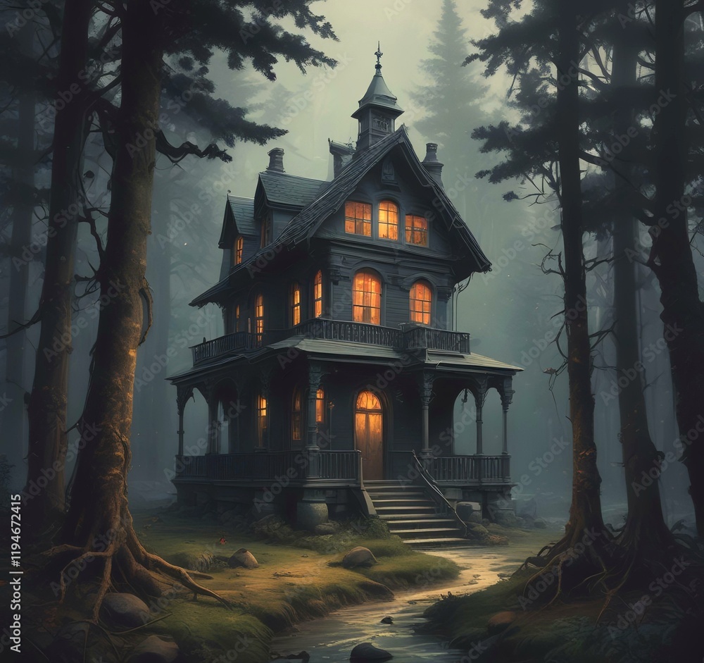 Fototapeta premium Illustration of ghost house in creepy forest.