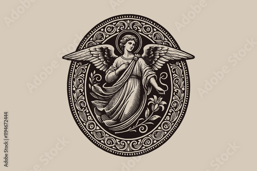 Vintage black and white engraving of Archangel Gabriel, vector art