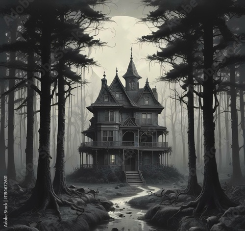 Illustration of ghost house in creepy forest. photo