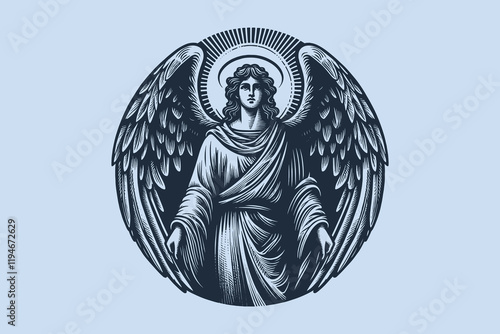 Vintage black and white engraving of Archangel Gabriel, vector art