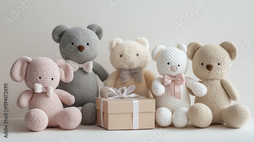 Baby plush toys: Arranged next to a gift box.