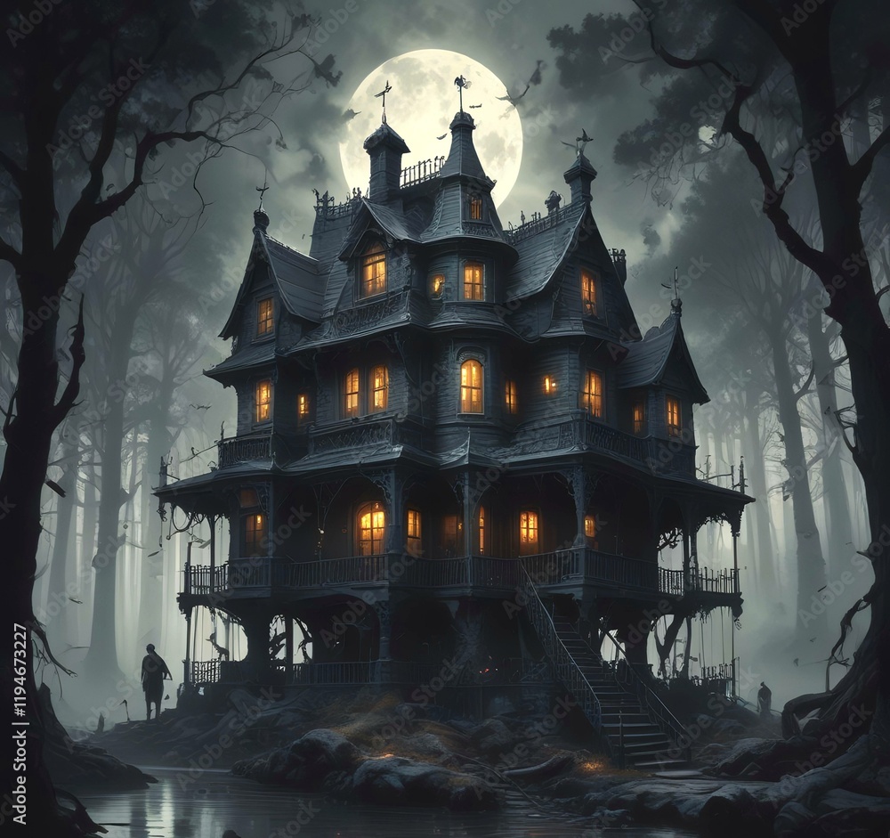 Illustration of ghost house in creepy forest. Illustration of ghost house in creepy forest.