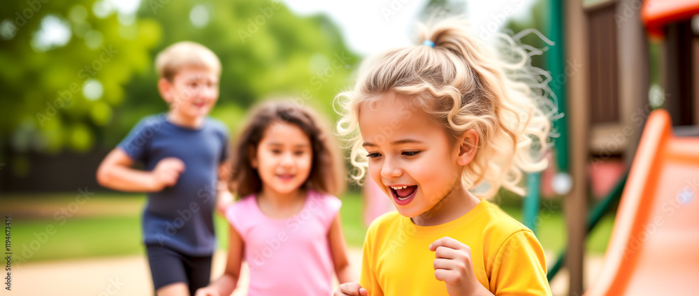 Happy Children Playing and Running on Playground. Childhood, Fun, Games, Friendship, and Summer Activities Concepts.