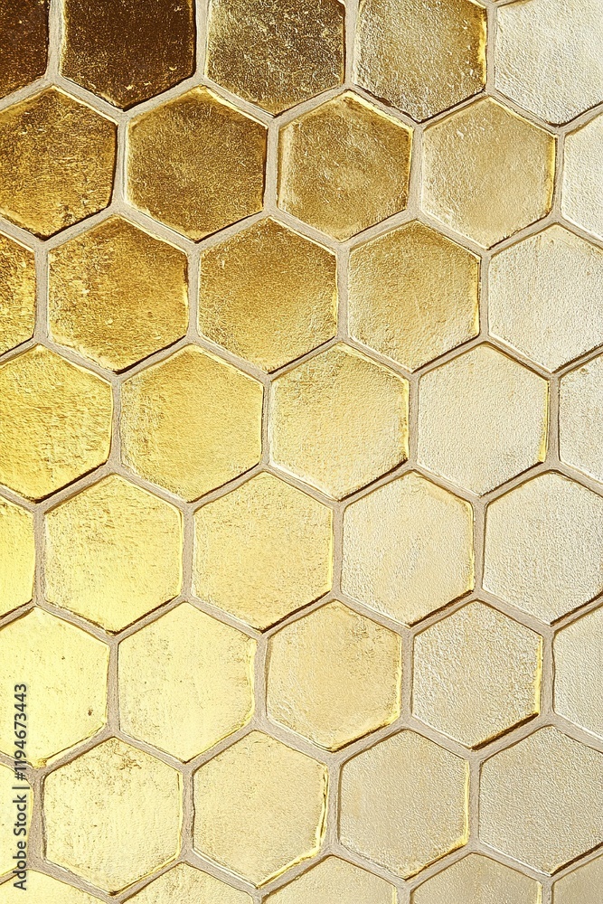 Hexagonal patterns of golden honeycomb structure create a shimmering surface filled with intricate details Hexagonal patterns of golden honeycomb structure create a shimmering surface filled with intricate details