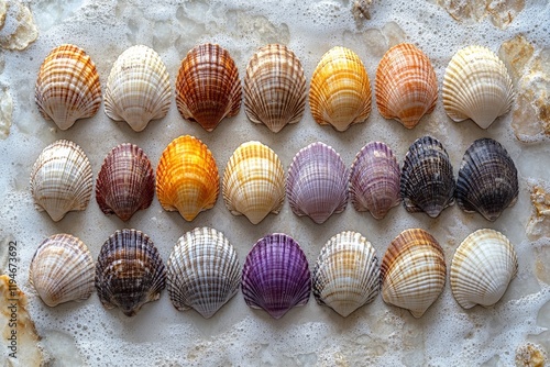 In this image, multiple rows of shells in diverse colors are arranged neatly on a textured surface, creating a sense of order, harmony, and aesthetic appeal. photo