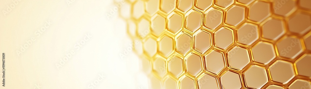 Obraz premium Close view of a honeycomb structure showcasing intricate patterns and golden hues under soft lighting