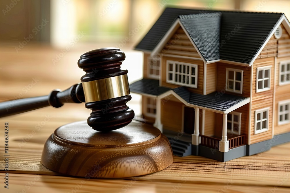House model and gavel symbolizing property sale and legal issues in real estate on a wooden table House model and gavel symbolizing property sale and legal issues in real estate on a wooden table