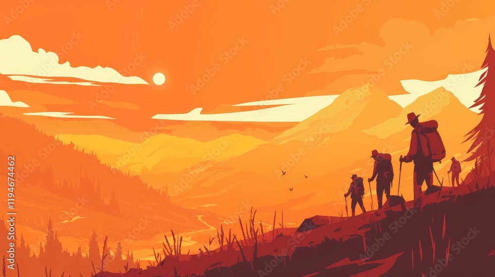Fototapeta premium Hikers Trekking Across Mountain Range at Sunset.