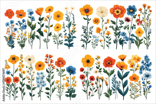 Decorative floral elements vector collection. Colorful garden flower vector elements. Set of spring and summer floral vector. Abstract colorful floral design vector elements