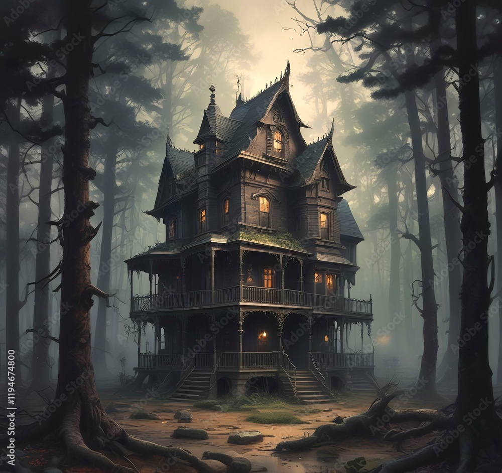 Obraz premium Illustration of ghost house in creepy forest.