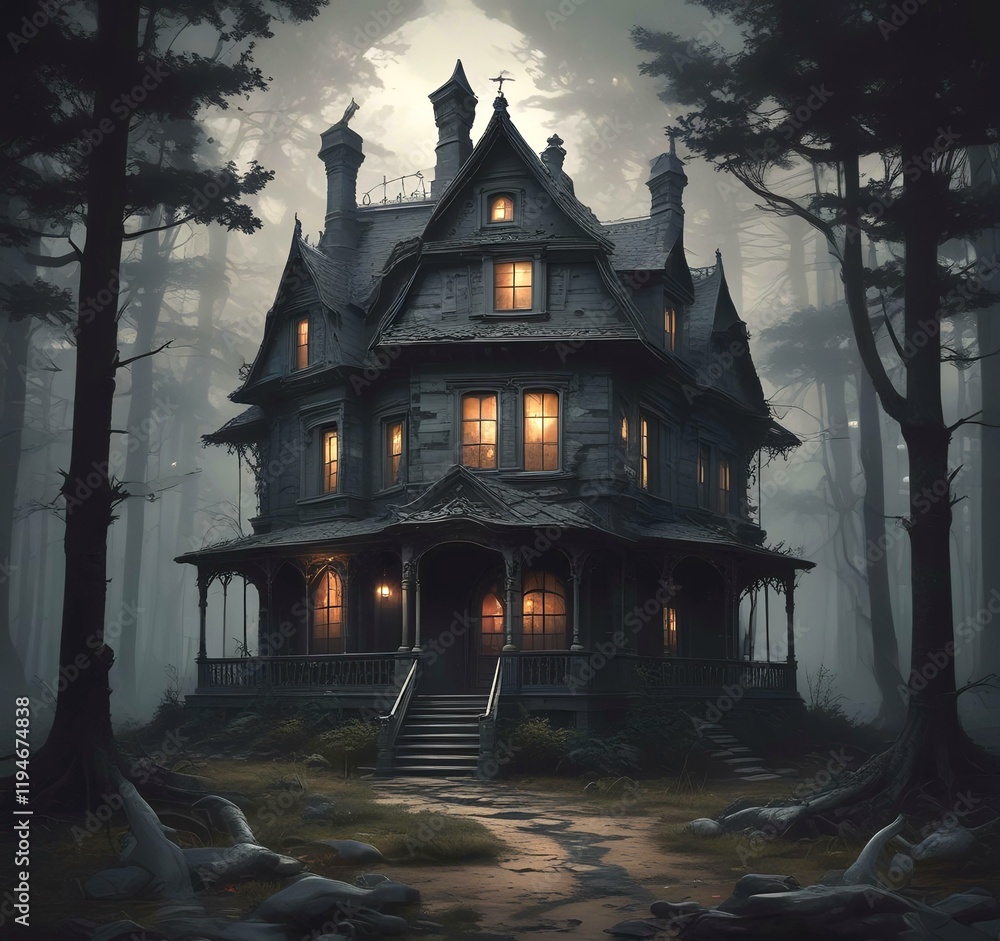 Obraz premium Illustration of ghost house in creepy forest.