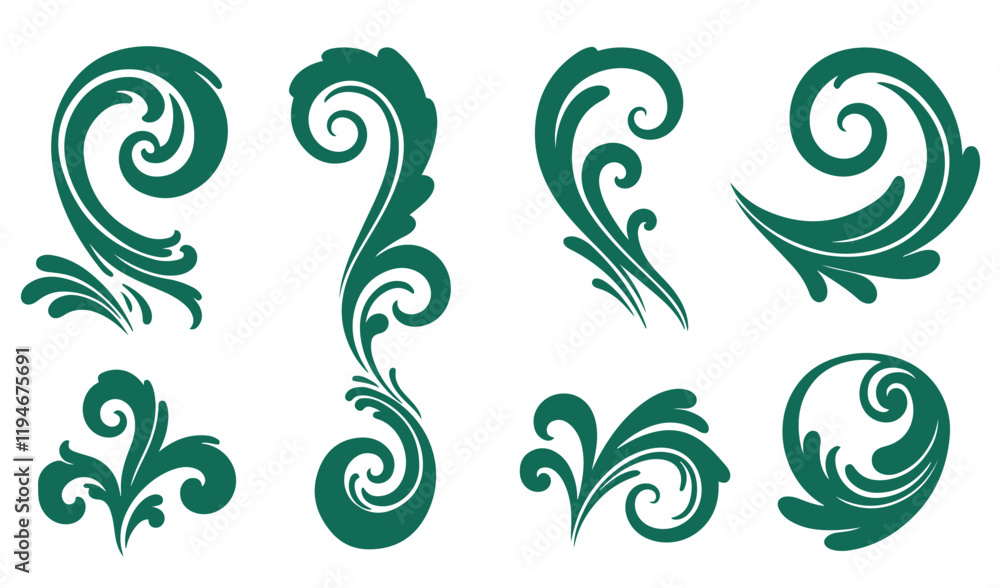 Whimsical Whorls and Swirls Calligraphic Ornament Set Featuring Intricate Green Decorative Elements Perfect for Elegant Graphic Designs and Sophisticated Art Creations Whimsical Whorls and Swirls Calligraphic Ornament Set Featuring Intricate Green Decorative Elements Perfect for Elegant Graphic Designs and Sophisticated Art Creations