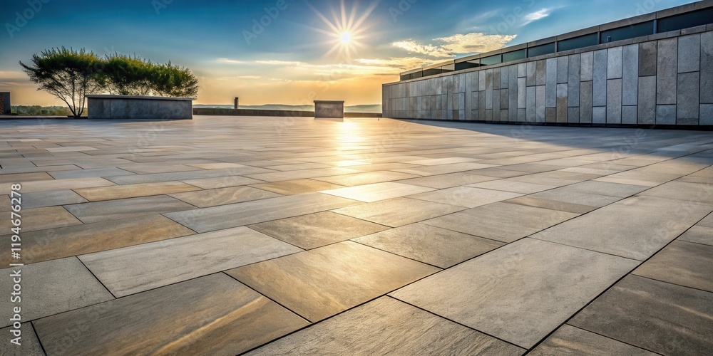 Sunset over a modern plaza with large stone tiles and a low wall Sunset over a modern plaza with large stone tiles and a low wall