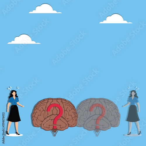 Self-doubt or self-denial, skepticism, distrust, puzzled businesswoman looking at the question mark inside his brain