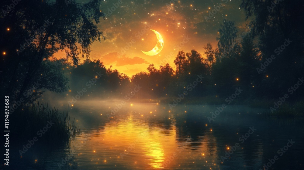 Serene Night Sky Over Calm Lake With Fireflies Serene Night Sky Over Calm Lake With Fireflies