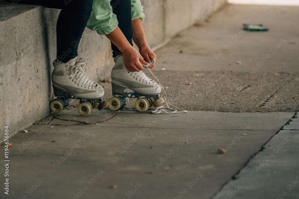 skater putting on skates for training skater putting on skates for training