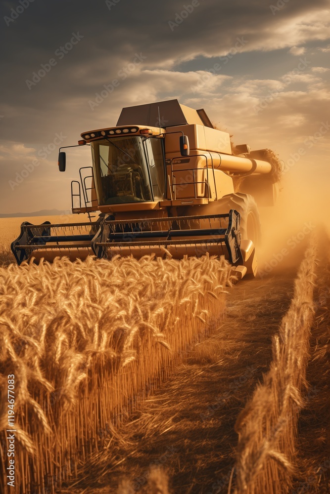 Fototapeta premium A powerful combine harvester operating in a golden wheat field during sunset, illustrating agricultural technology.