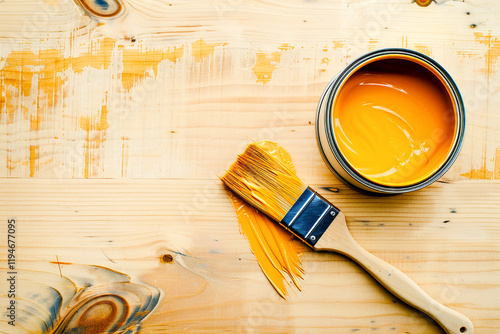 Paintbrush dipped in yellow paint on a wooden surface, symbolizing DIY projects and creativity. photo