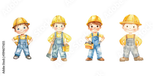 Cute cartoon-style illustration of an isolated male construction worker character wearing overalls and a hard hat, full body, on a white background