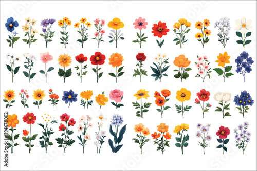 Set of vibrant colorful flowers vector elements. Abstract colorful garden flowers icons. Floral graphic design vector elements. Spring and summer wildflower vector illustrations