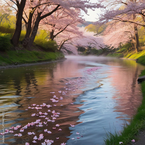 川沿いの桜並木と流れる花びら